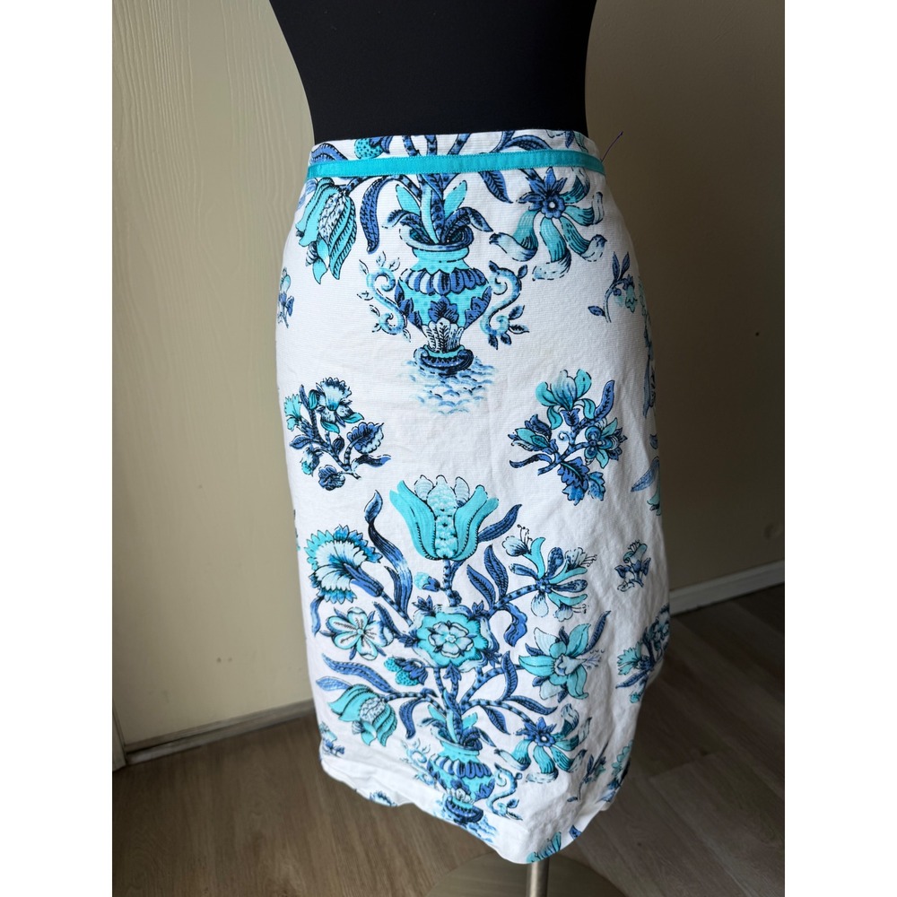 Talbots Floral Urn Pencil Skirt Blue White Corduroy Stretch Size 14